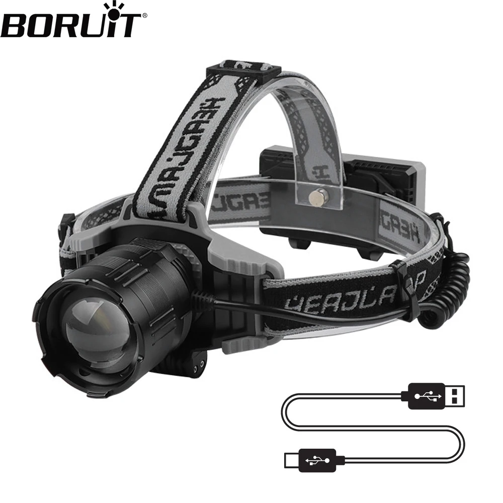 BORUiT Super Bright 30W LED Headlamp Zoomable Type-c Rechargeable 18650 Headlight Tail Warning Head Torch Fishing Lantern