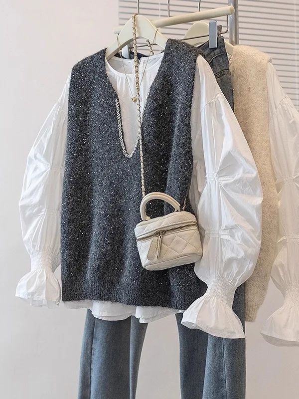 

plus Size Casual Bright Sequin Knitted Overalls round Ne irt Two Piece Set Women Spring Autumn Loose Outfit