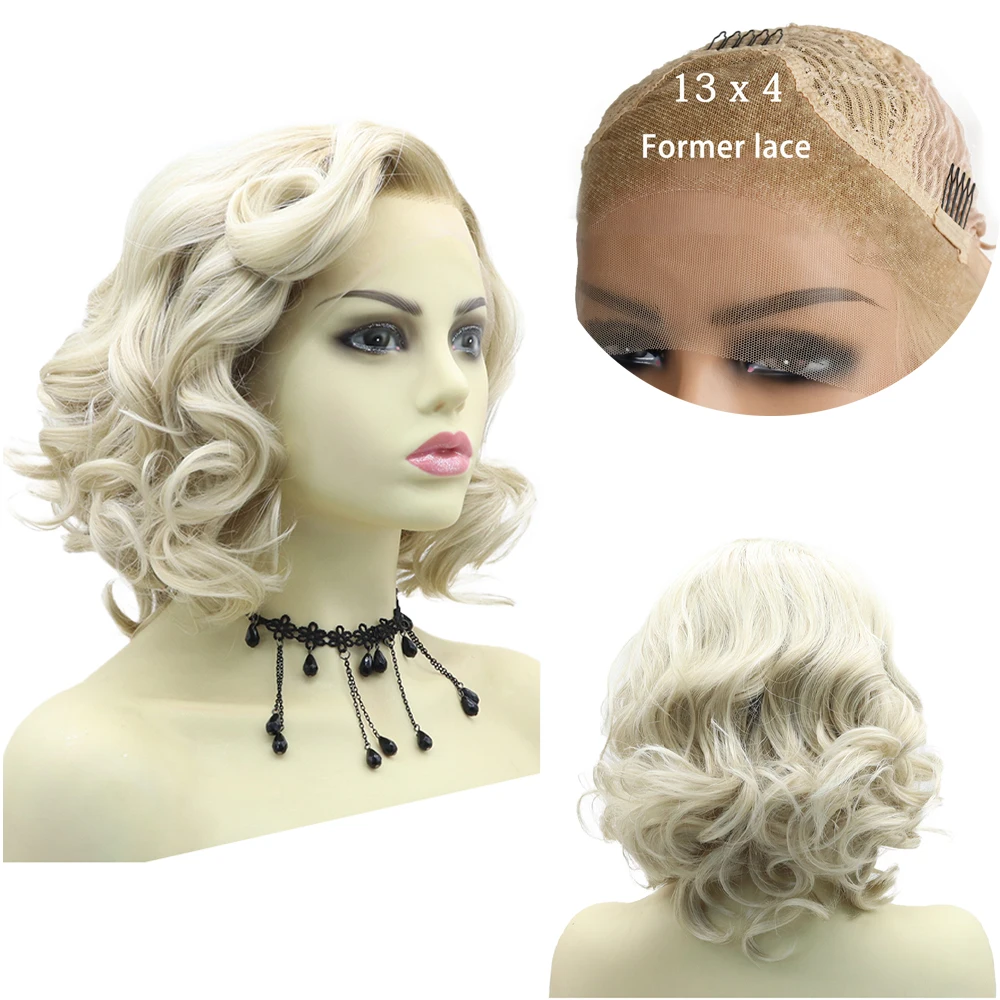 

High-Quality Marilyn Monroe Cosplay Synthetic Hair 13×4 3×3 Front Lace Wig 14-Inch Golden Gradient 613# Daily Short Curly Hair