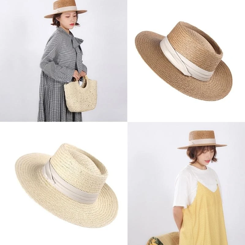 R1WE المرأة الصيف المنسوجة القش النطاقات قبعة الشمس عطلة عطلة شقة واسعة حافة واقية من الشمس عادية في الهواء الطلق قابل للتعديل