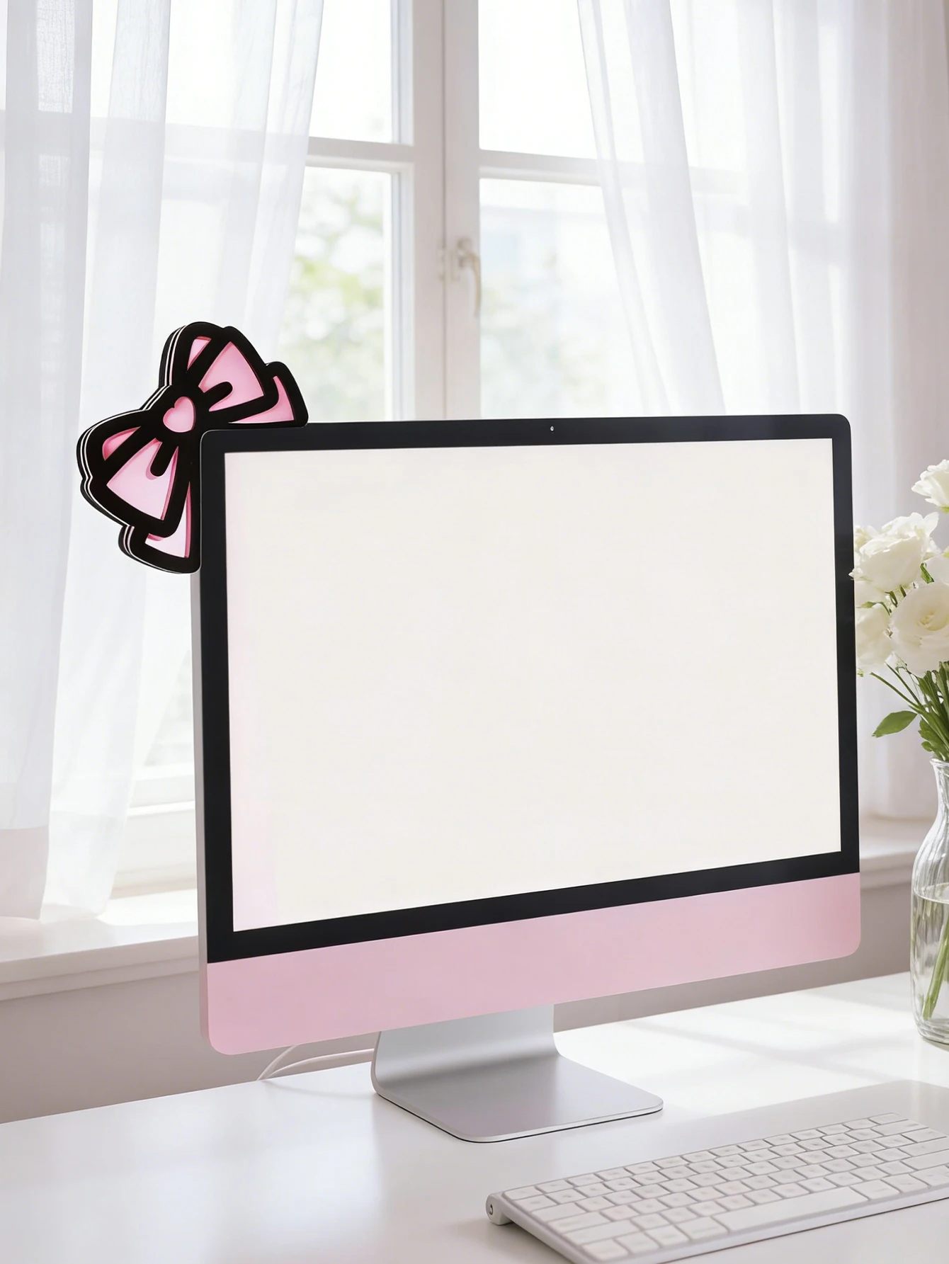 Niedliche Computer-Monitor-Dekoration, rosa Schleife, Katzenohrform, Ornamente, Kawaii-Desktop-Dekoration für PC, Laptop, Zimmer, Schreibtisch, Dekoration, Mädchen-Geschenk – Detail 3