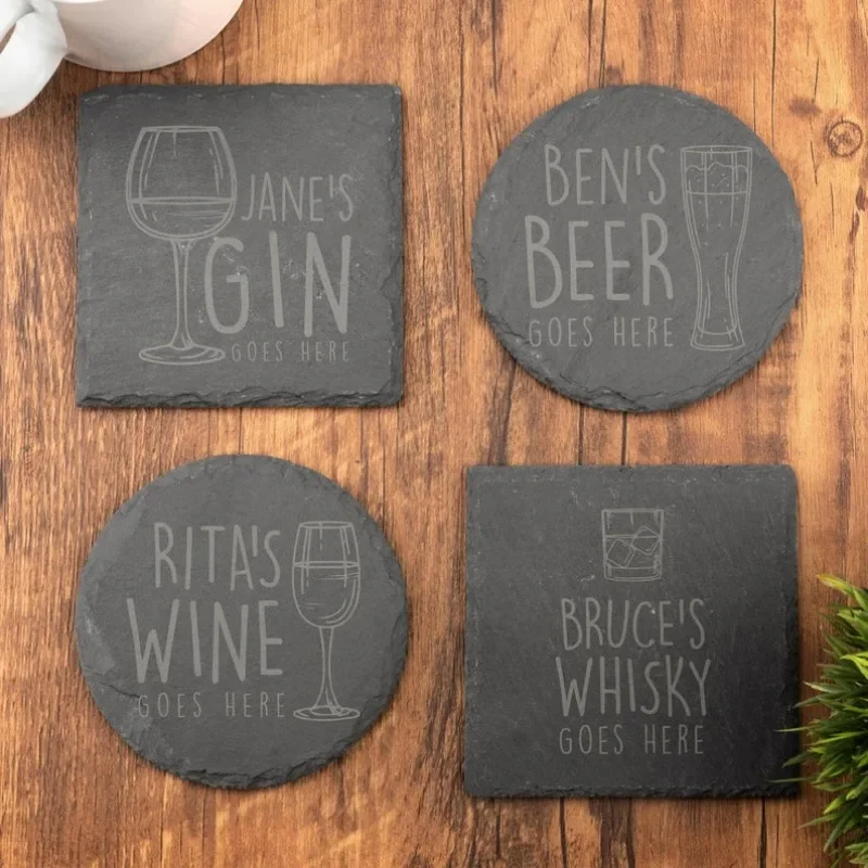 1PCS Free Customized Engraving Slate Coaster Personalised Round Tea Coffee Beer Wine Stone Coaster for Wedding Anniversary Gifts