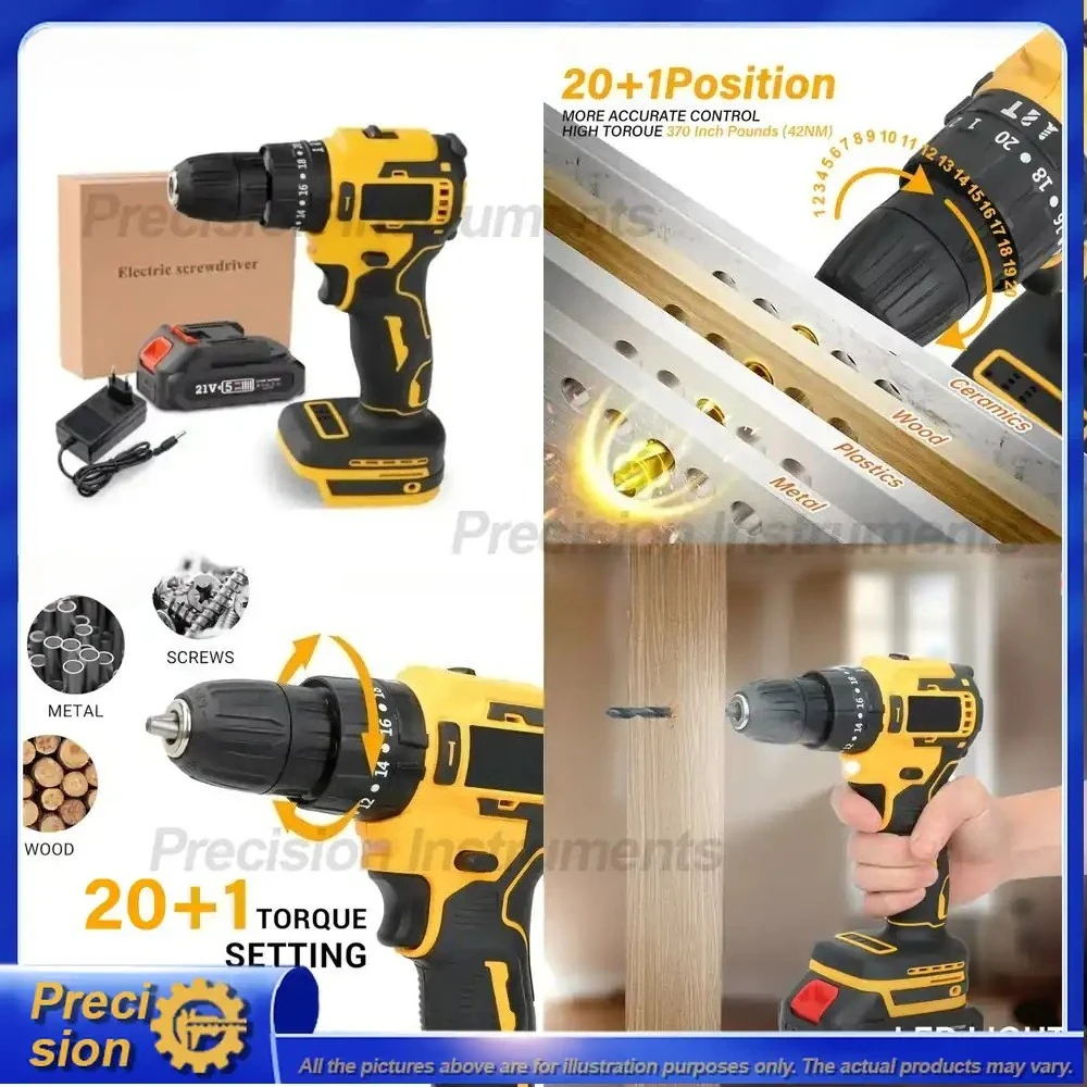 21V Cordless Brushless Drill with LED Light Ergonomic Handle Mini Electric Power Tool Includes Battery Fast Charging Wireless