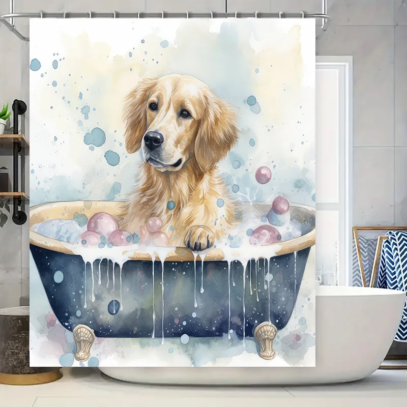 Golden Retriever Bathtub Art Shower Curtain Bathroom Decor with Blue Bubbles White Splashes Size 72x84 Inches for Pets Lovers De