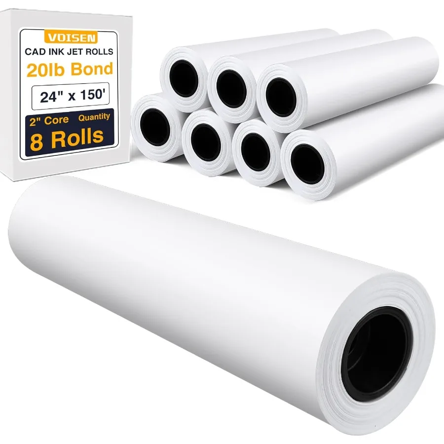 

VOISEN Wide Format Paper8 Rolls Plotter Paper 24 In x 150 Ft CAD Bond Rolls 20lb Bond Paper on 2" Core for CAD Printing on Wide