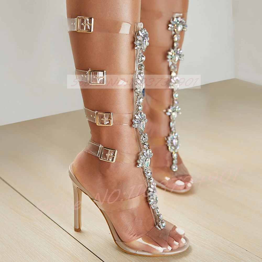Crystals Flower Gladiator Mid Calf Sandals Women Multi-Buckle Clear Pvc Strap Open Toe High Heels Shoes 2026 New Fashion Sandals