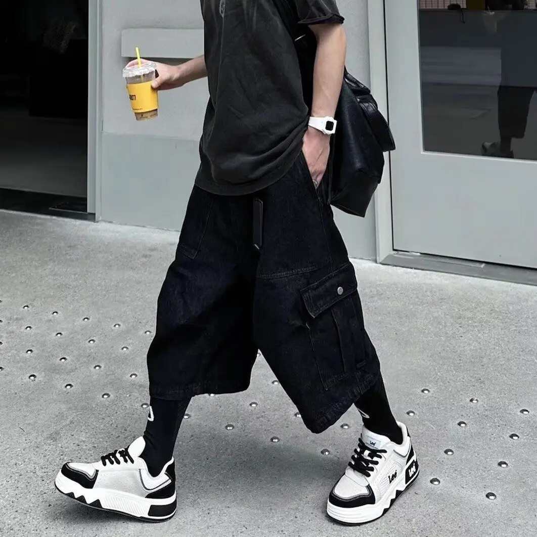 

Ретро-джинсы американского стиля, большие размеры, черные, мужские, летние, свободные, широкие штанины, рабочие, модные, средней длины