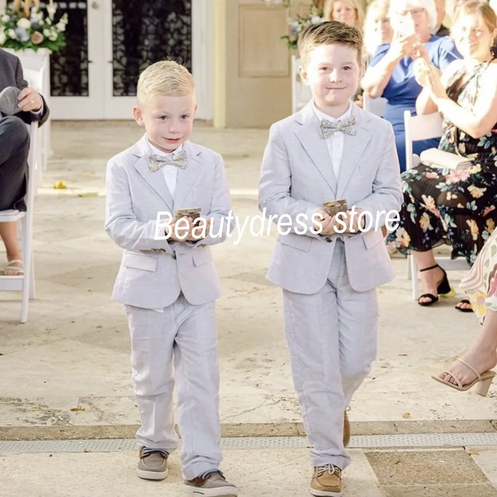 Trajes de lino para niños, ropa de boda, Hobo, playa, fiesta de cumpleaños, conjuntos formales, portador de anillo (chaqueta + pantalones)