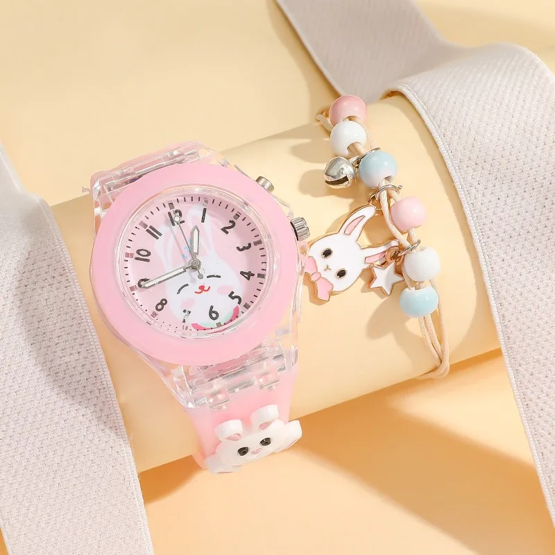 

Женские часы с мультяшными животными, модные силиконовые светящиеся часы с бабочками + браслет с бусинами в виде бабочек