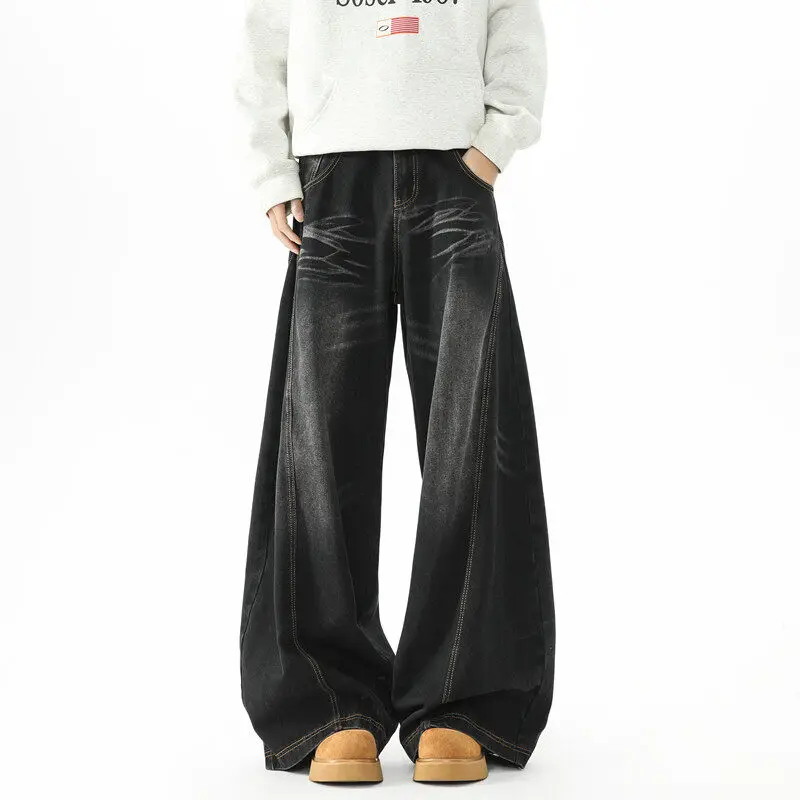 Mens Loose Wide Leg Jeans High Street Patchwork Vintage American Trendy Urban Fashion Hip Hop Oversized Trousers Streetwear