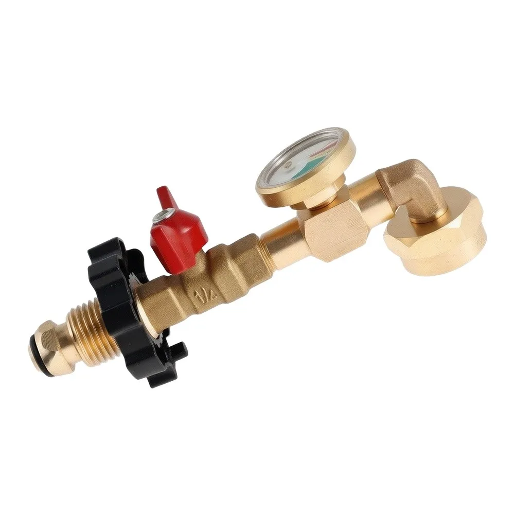 Brass Propane Refill Adapter 90° With Gauge, Compatible With 1lb Disposable Cylinders, Reusable Gas Filling Tool For Outdoor BBQ