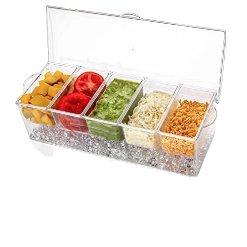 Large Ice Chilled Condiment Caddy 5 Removable Compartment Serving Platters Fruit Garnish Tray for Party Supplies Bar Accessories