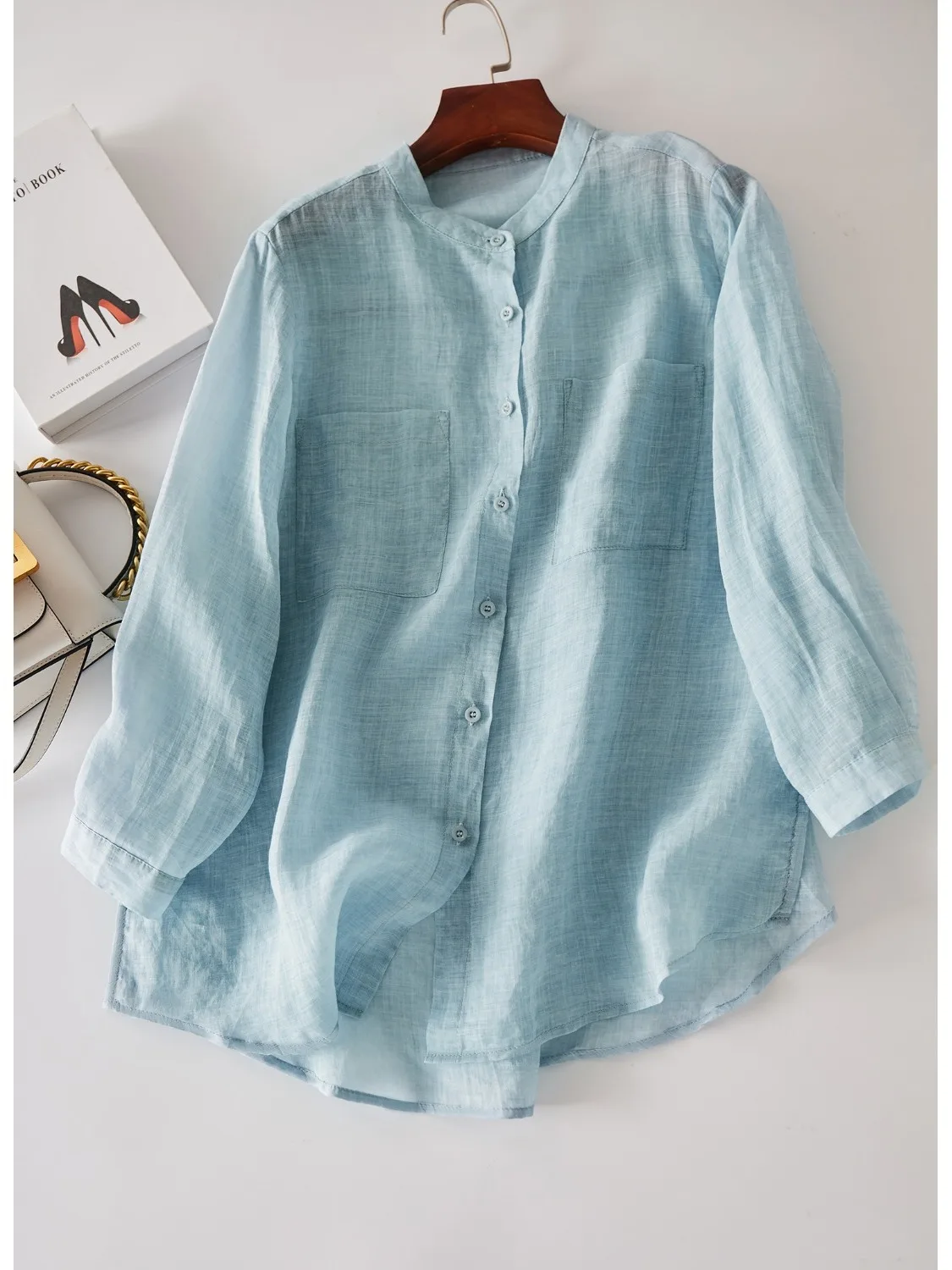 سترة نسائية كاجوال من القطن والكتان مستديرة Ne irt رفيعة قابلة للتنفس وفضفاضة قابلة للتنفس طويلة Sve مفتوحة لموسم الخريف #1