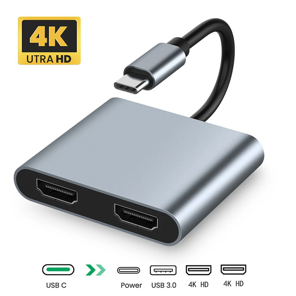 

USB C 4 In 1 Docking Station Type-C Thunderbolt3 to Dual HD 4K Same Screen USB 3.0 OTG PD Fast Charging Splitter Hub for Laptops