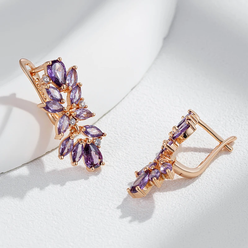 JULYDREAM Luxury Full Paved Purple Zircon 585 Gold Color Geometric Dangle Earrings for Women Luxury Wedding Party Jewelry