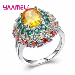 Stylish Luxury Style Colorful Crystal Cubic Zirconia With Yellow Stone 925 Sterling Silver Rings For Women Gift
