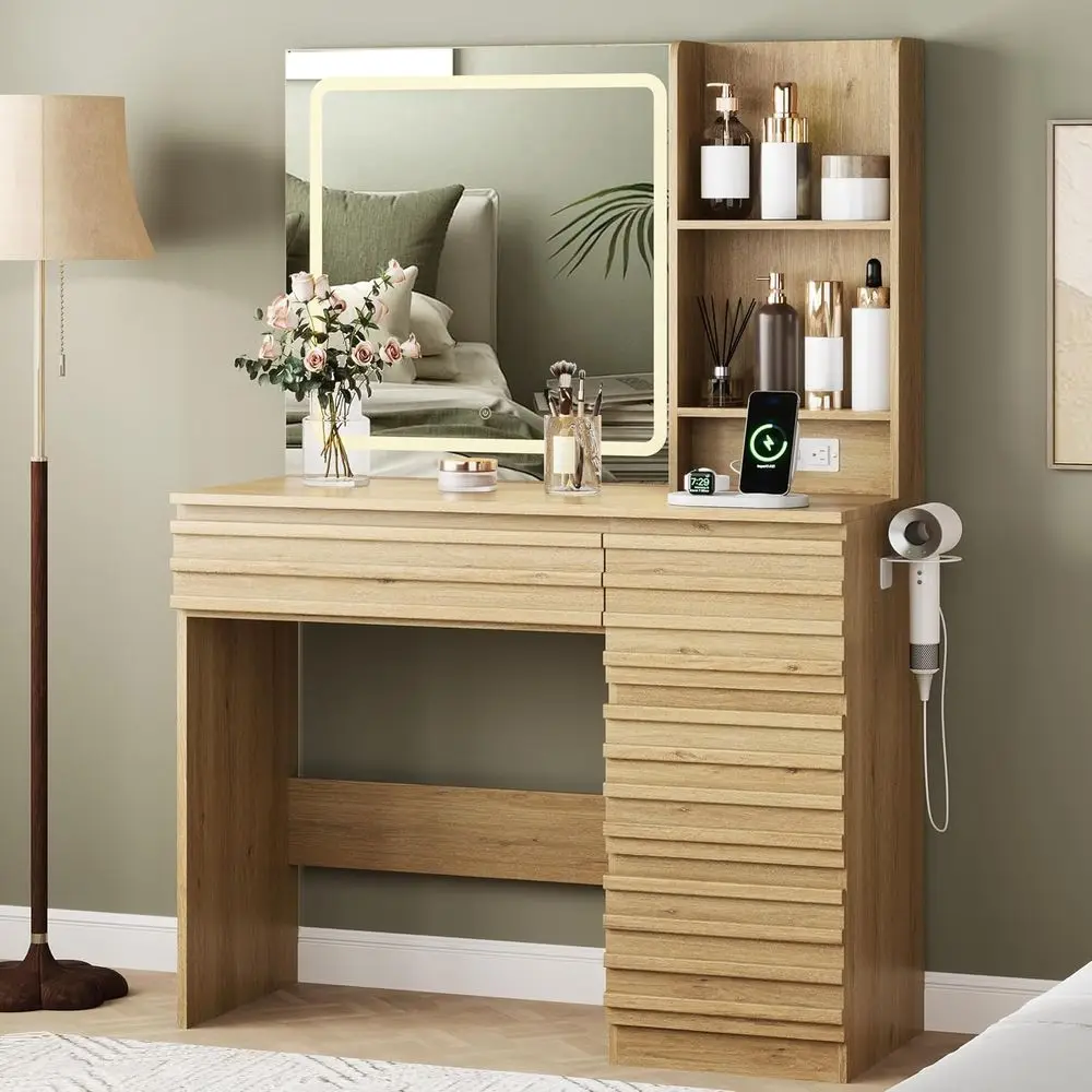 

Illuminated Vanity Desk with 4 Drawers, Open Shelves, Power Outlet, LED Mirror, Adjustable Lighting, Natural Oak Finish