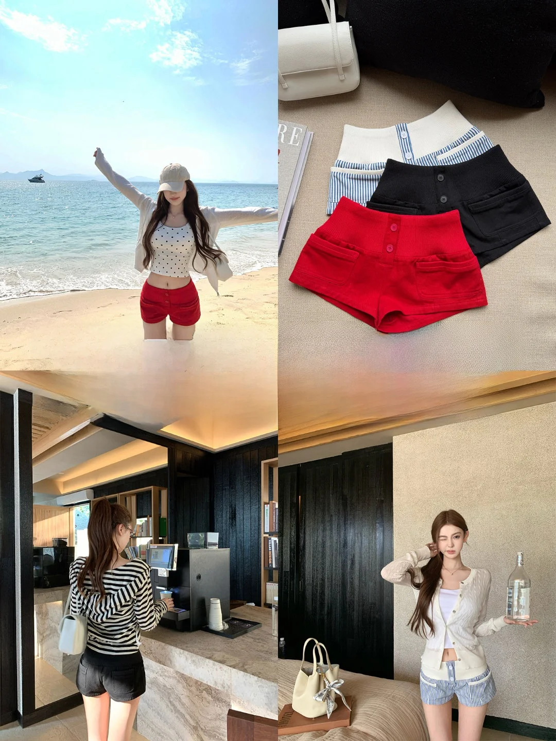 

OKMASHOP Casual Cotton Shorts Women's Summer Versatile Straight Leg Sexy Hot Pants Perfect Waist Hip Ratio Stripe Pattern