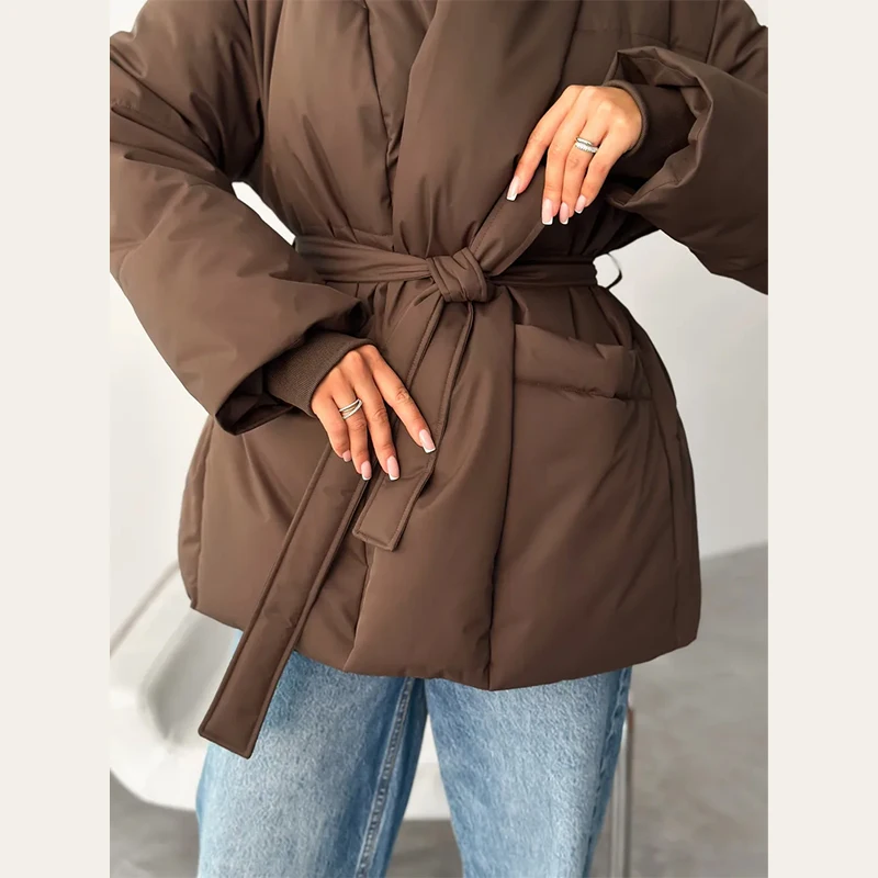 Damen Gefütterte Jacken V-Ausschnitt Langarm Schnürung Übergroße Mäntel Herbst Winter Damen Mantel mit Taschen Einfarbig Locker Geschnitten Schicke Neue Oberbekleidung – Detail 16