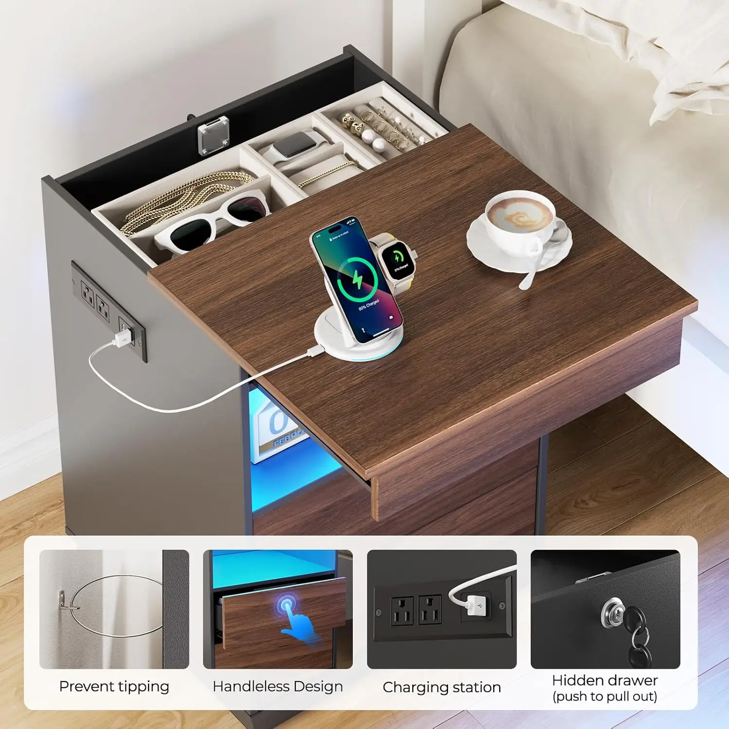 Locking Nightstand Hidden Compartment USB Type-C LED Bedside Bedroom Rustic Brown Customized