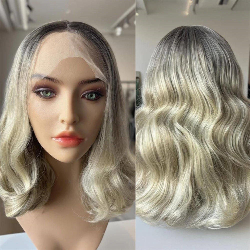 Short Wave Bob Ombre Ash Blonde Synthetic HD Lace Front Wig for Women Girls Gfit Wig Realistic Look Natural Hairline Daily Wear