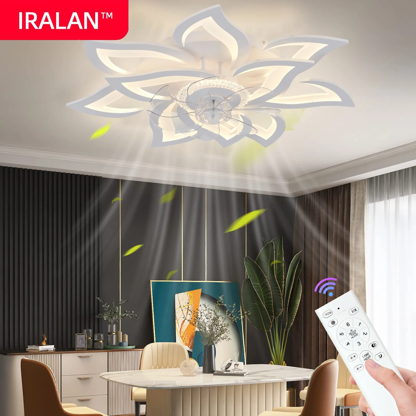 Ventilatore da Soffitto Moderno con Luce, Lampada Romantica a Forma di Loto con Ventilatore Elettrico, Telecomando, 6 Velocità, Silenzioso ed Energeticamente Efficiente