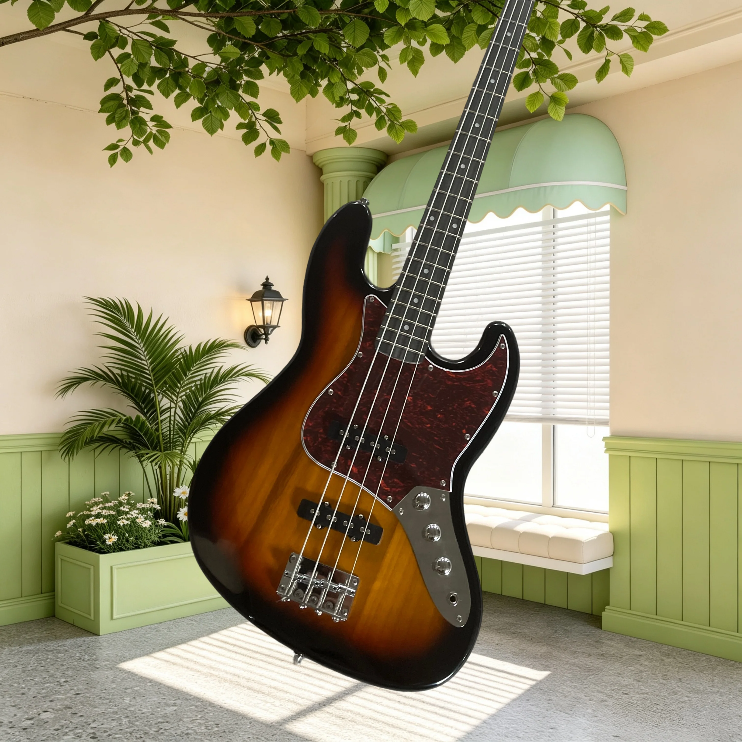 JB‑Style 4‑String Electric Bass Sunburst Rosewood Fretboard Red Tortoise Pickguard Pro Musician Funk Jazz Band Performance