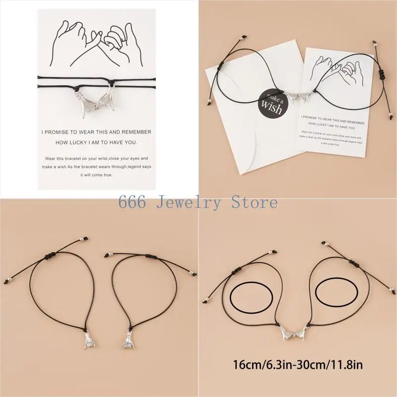F2TD 2x Pinky Promise Black Hemp for Wish Bracelet Silver Tone Alloy Charm on Printed Card Unisex Jewelry for Couple Friend G