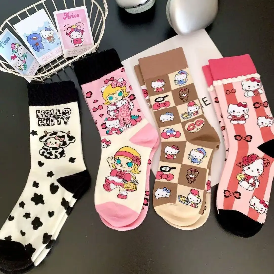 

4Pairs New Sanrio Hello Kitty Socks Cute Cartoon Anime Pattern Socks Comfortable Breathable Women's Mid-Calf Socks Girls Gifts