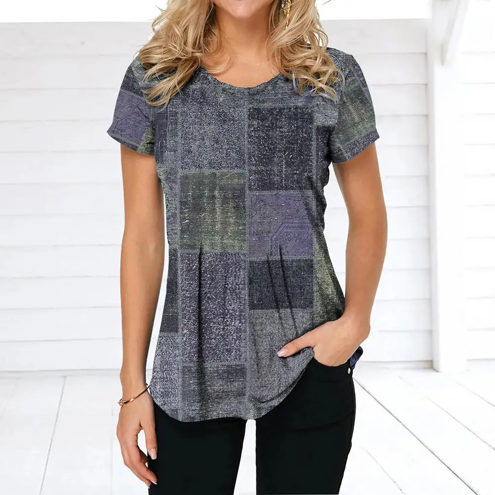 Col rond dames chemise été en plein air haut à la mode rue à manches courtes Plaid chiffon imprimé femmes grande taille vêtements de sport