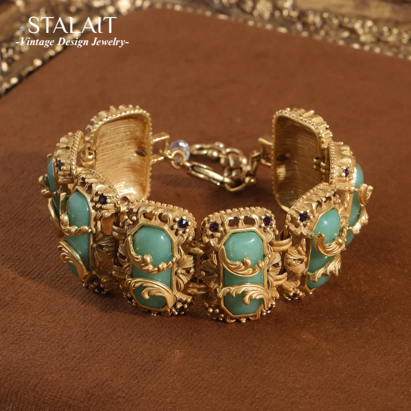 

Vintage Green Jade Bracelet Made Of Natural Stones Wave Hollow Gold Color Woman Charm Luxury Accessories Jewelry Gift Girlfriend