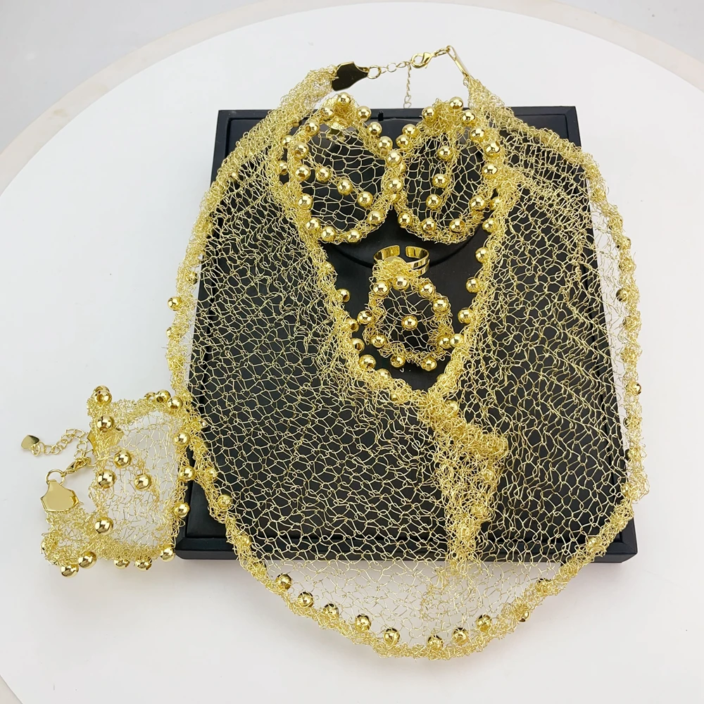 مجموعة مجوهرات برازيلية مطلية بالذهب من إيما للنساء، قلادة أفريقية جريئة، أقراط، سوار، خاتم، هدايا مجوهرات الزفاف