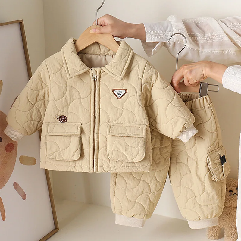 

Winter Kids Clothes Set Girls Boys Coat Hoodie Cargo Pants Cotton-Padded Coat 2-Piece Outfit Thicken Warm Outerwear Loungewear