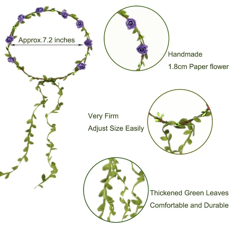 تيجان زهرة الورد الملونة المتنوعة (15 عبوة) - عصابات رأس إكليل بوهيمية متعددة الألوان لقضاء العطلات/الحفلة/الزفاف/المهرجانات