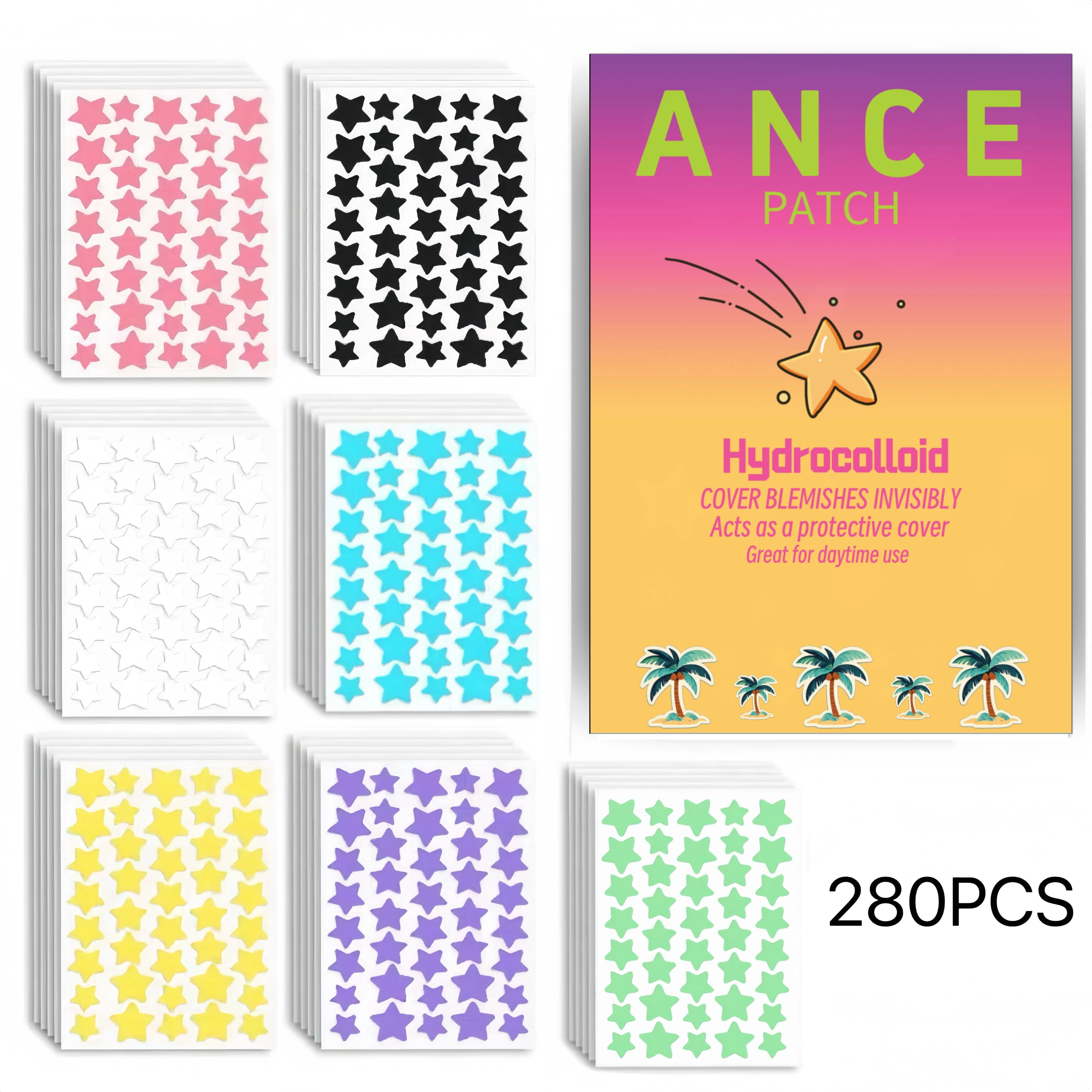 280Pcs Multicolor Star Hydrocolloid Acne Patch Gradient Meteor Coconut Tree Packaging Waterproof Invisible Pimple Spot Blemish C
