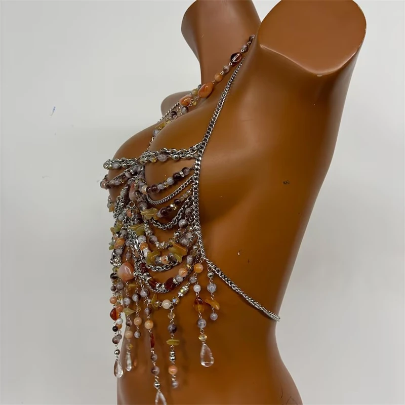 Handgefertigtes Perlen-Bodychain-Bralette für Damen, Neckholder, Naturstein, mehrlagiges Harness-Crop-Top, sexy Quasten-Bustier für Strand und Festival – Detail 5