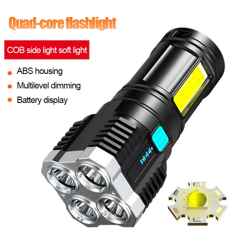 

Strong Light Flashlight Camping Torch Rechargeable Multifunctional Portable Hand Lantern with 4 Lamp Beads and COB Side Light