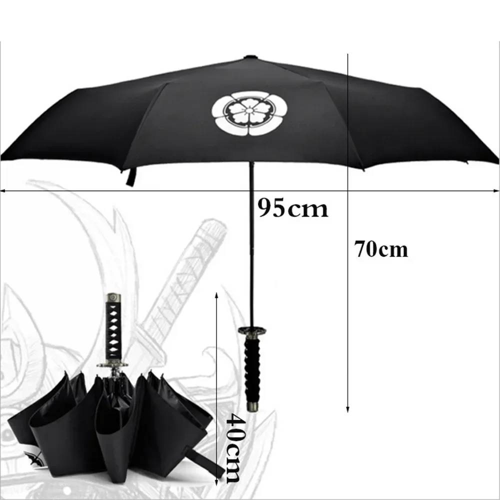 Imagem -06 - Mini Guarda-chuva com Revestimento Preto à Prova de Vento Ninja Espada Samurai Três Dobras Cabo Curto Costelas Retas Praia Sol Jardim Chuva