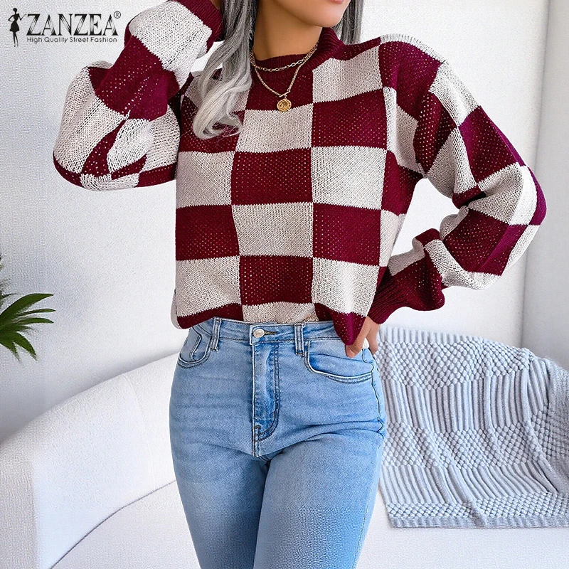 

Women Autumn Fashion Sweaters 2025 ZANZEA Winter Plaid Jumpers Long Sleeve Casual Loose Pullovers Elegant Office Streetwear Top