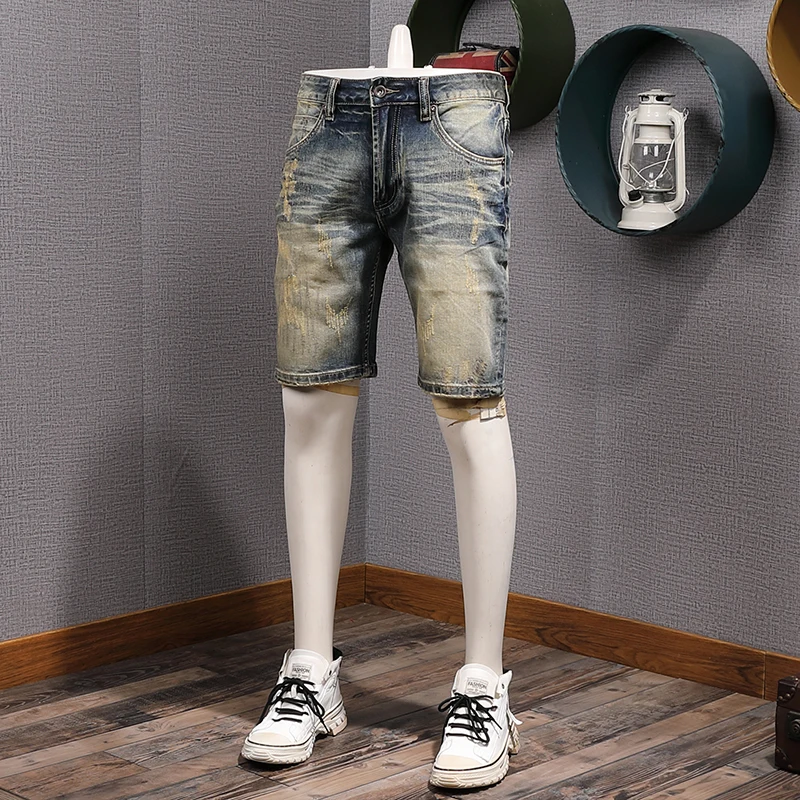 Yellow Mud Dyeing Casual Stretch Denim Shorts for Men Summer Retro Scratch Washed Slim Fit Straight Half Jeans Y2k Youth Male