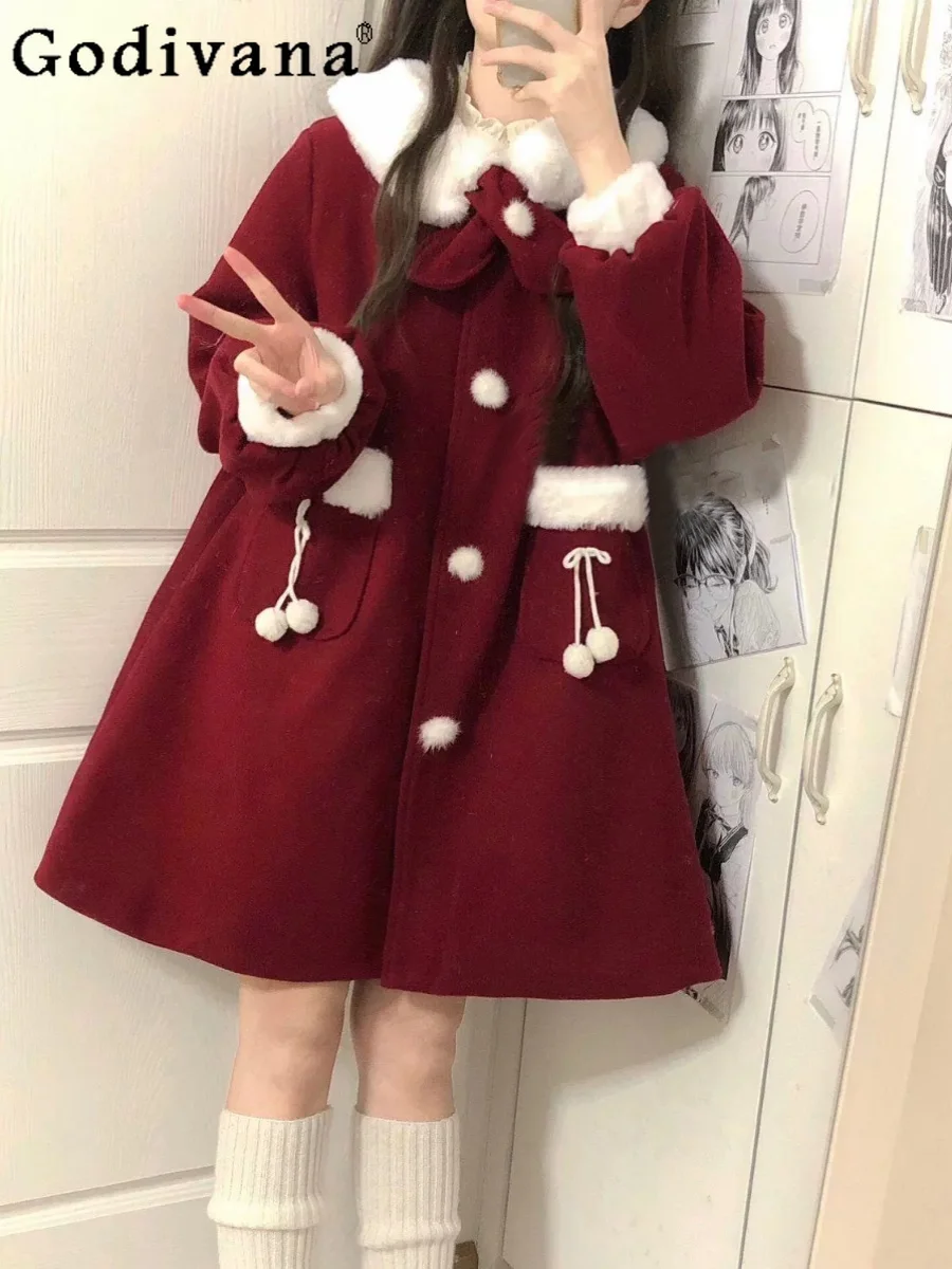 

2024 Winter Kawaii Red Wool Coats Women Loose Japanese Sweet Lolita Outwear Jacket Ladies Korean Style Pockets Warm Bow Overcoat