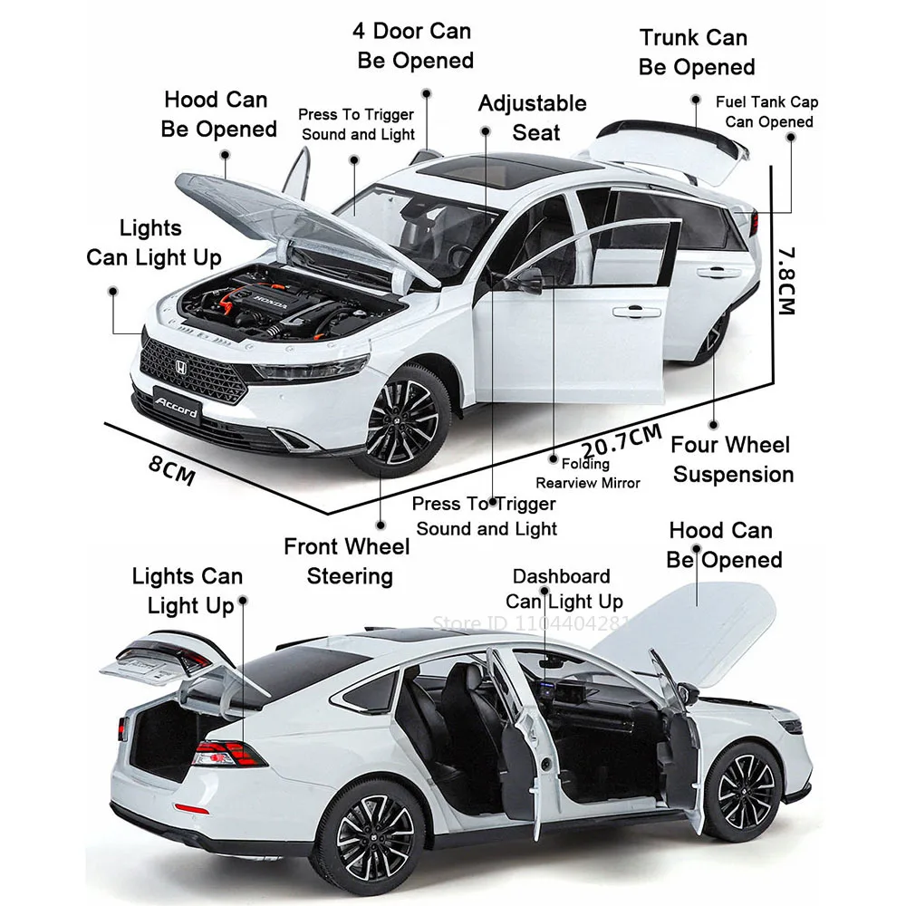 1:18 HONDA Accord Alloy Miniature Model Diecast Toy Door Opened Sound Light Pull Back Front Wheel Steering Classic Birthday Gift