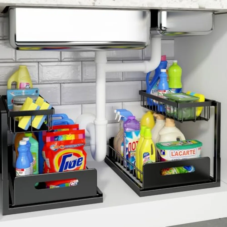 

Under Sink Organizer L-Shaped 2 Tier Pull Out Cabinet Organizer for Kitchen and Bathroom Slide Out Under Cabinet Storage Metal