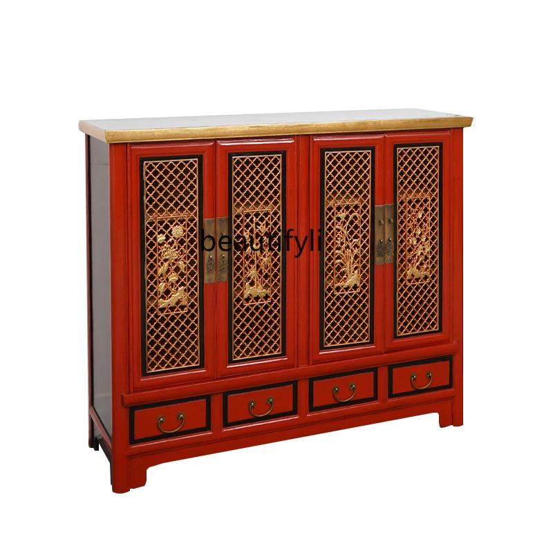 

New Chinese Style Elm Shoe Cabinet Sideboard Cabinet Wall-Mounted Full Solid Wood Cabinet Hallway Locker Hallway