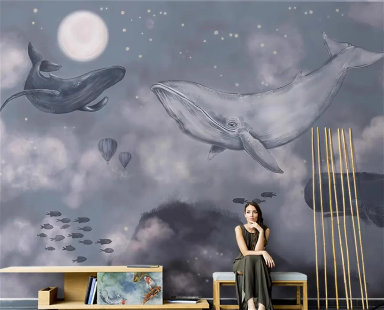 papel de parede Nordic hand-painted shark mural internet celebrity living room TV background 3d wallpaper sofa moon