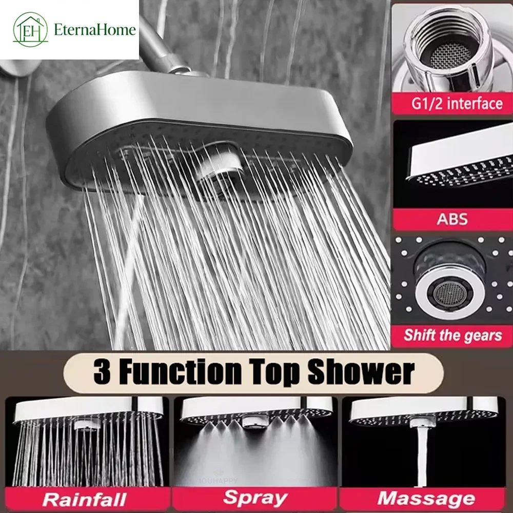 Overhead Shower Head, 3‑Function Rainfall Spray Massage Modes, Large Panel Easy‑Clean Nozzle for Home Hotel Bathroom Accessory