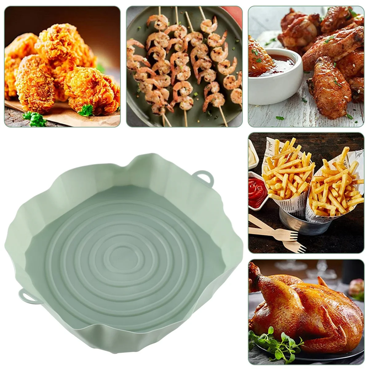แผ่นรองหม้อทอดไร้น้ำมันขนาด20ซม. สำหรับอบในเตาถาดไก่ทอดหม้อซิลิโคนลมสำหรับเปลี่ยนทรงกลมสีเขียวกะทะย่าง