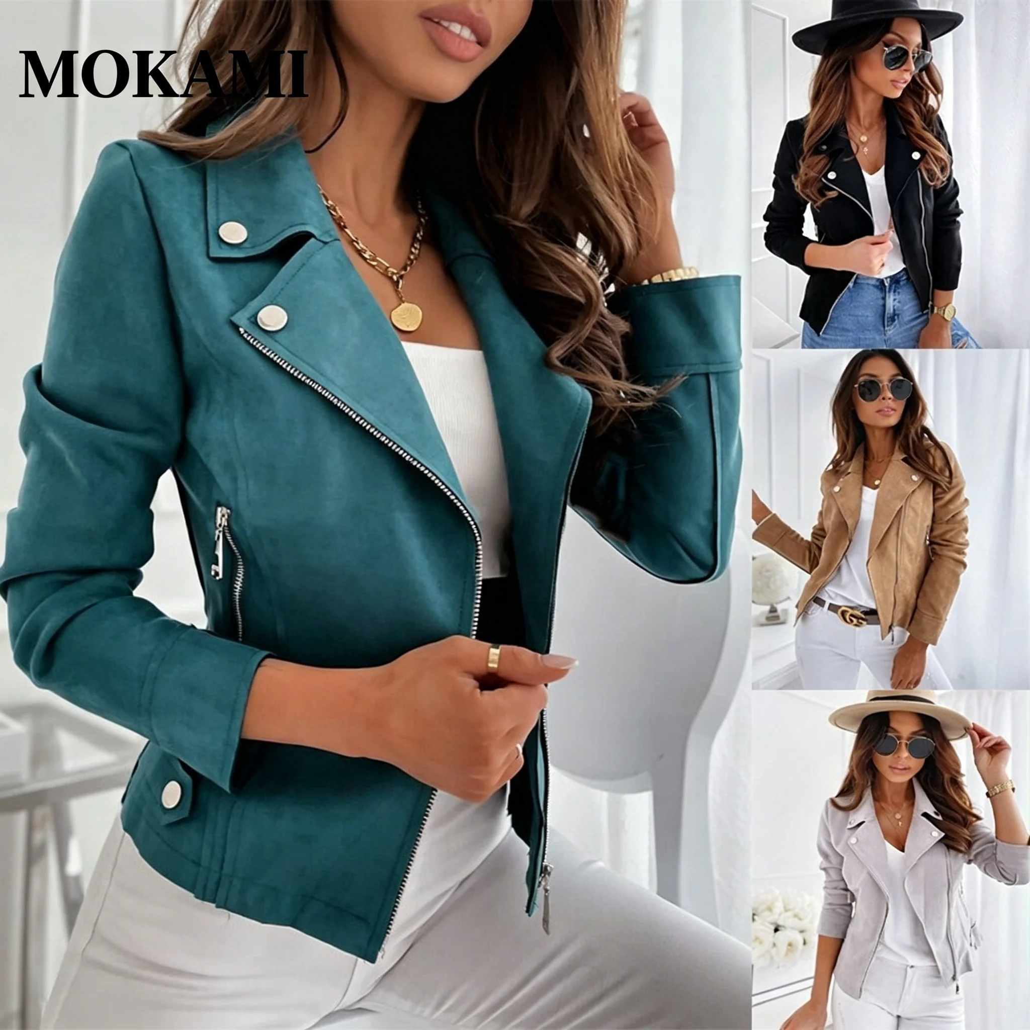Women's Fashion Casual Biker Zipper Button Suede Jacket Stylish Leisure Motorcycle Coat for Ladies