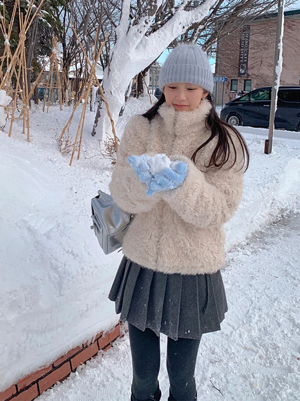 

Winter Warm Cotton Blend Women's Fur Coat Chic Small Size Faion Design Sense Aosphere Feel Straight Cut Sle