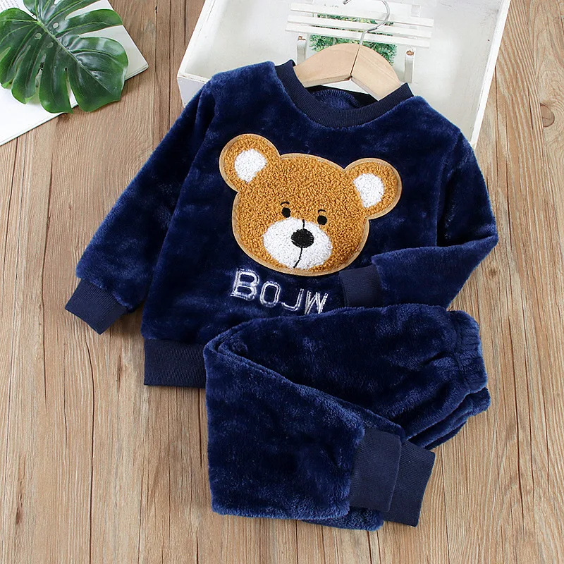 New Boys Girls Clothing Sets Kids Flannel Cartoon Print Homewear Set Baby Pajamas Boy Girl Thick Coral Velvet Two-piece Suit